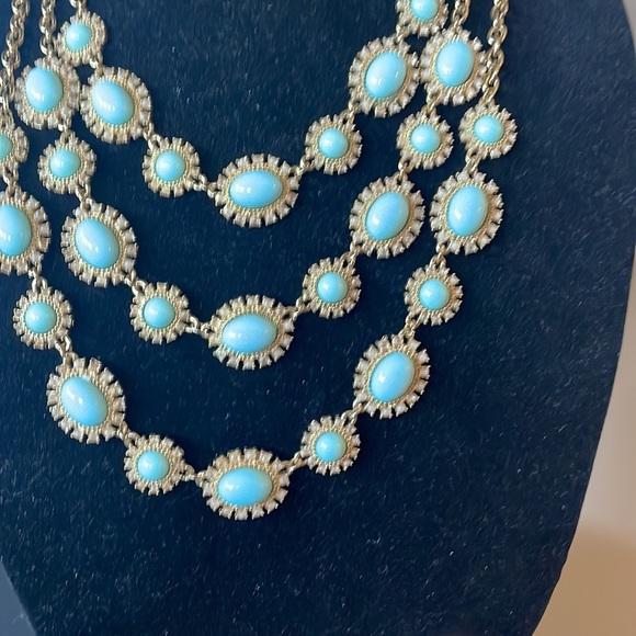 Vintage Gold, Rhinestone & Light Blue 3 Tier Necklace - Picture 4 of 5